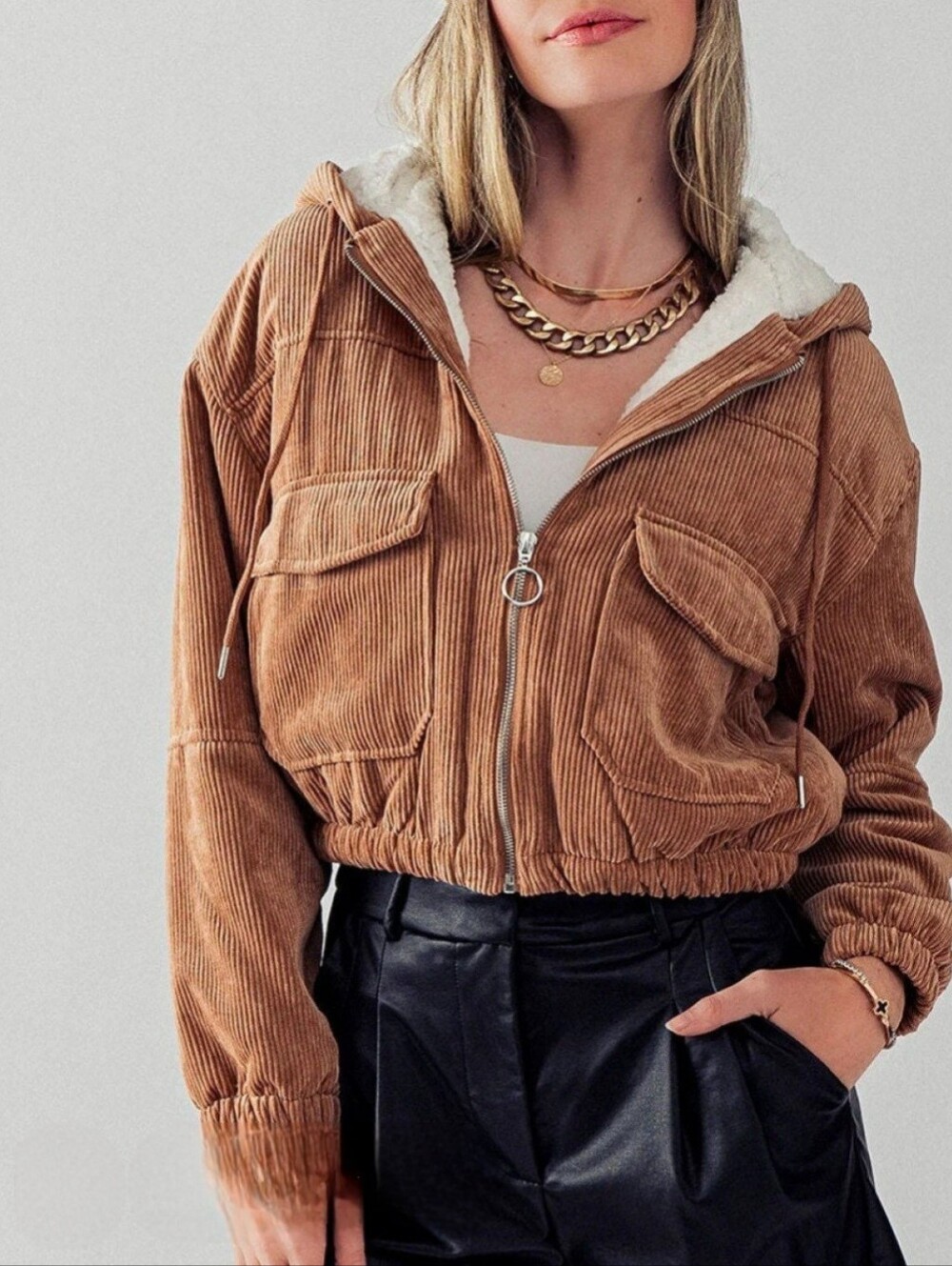 NWOT Ashley By 26 International Sherpa Lined Cognac Courdoroy Zip Hoodie Jacket